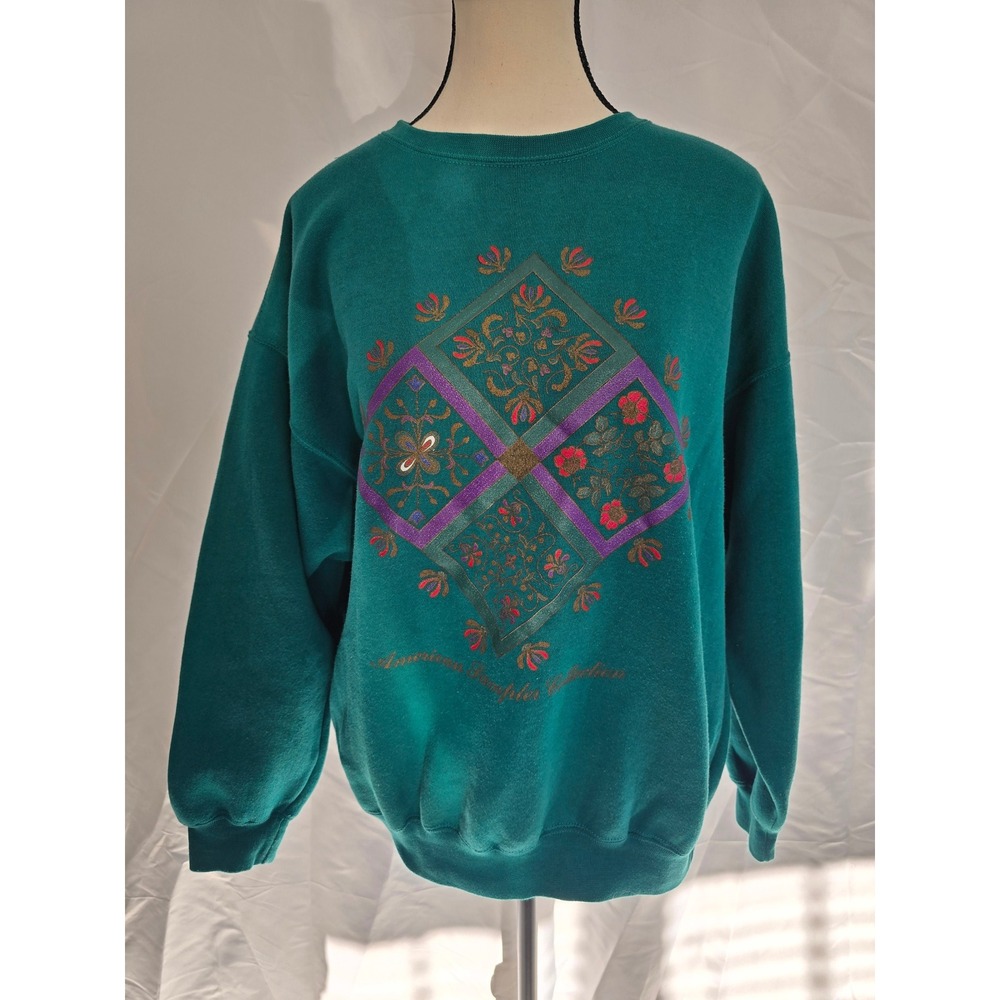 Vintage Active Essentials Teal Floral Print Sweatshirt Pullover Women's Size L